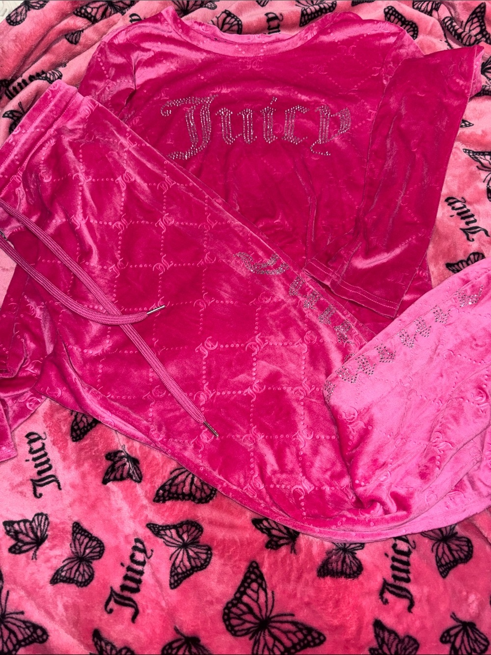Juicy Couture Hot Pink Velour Rhinestone Logo Tracksuit Set